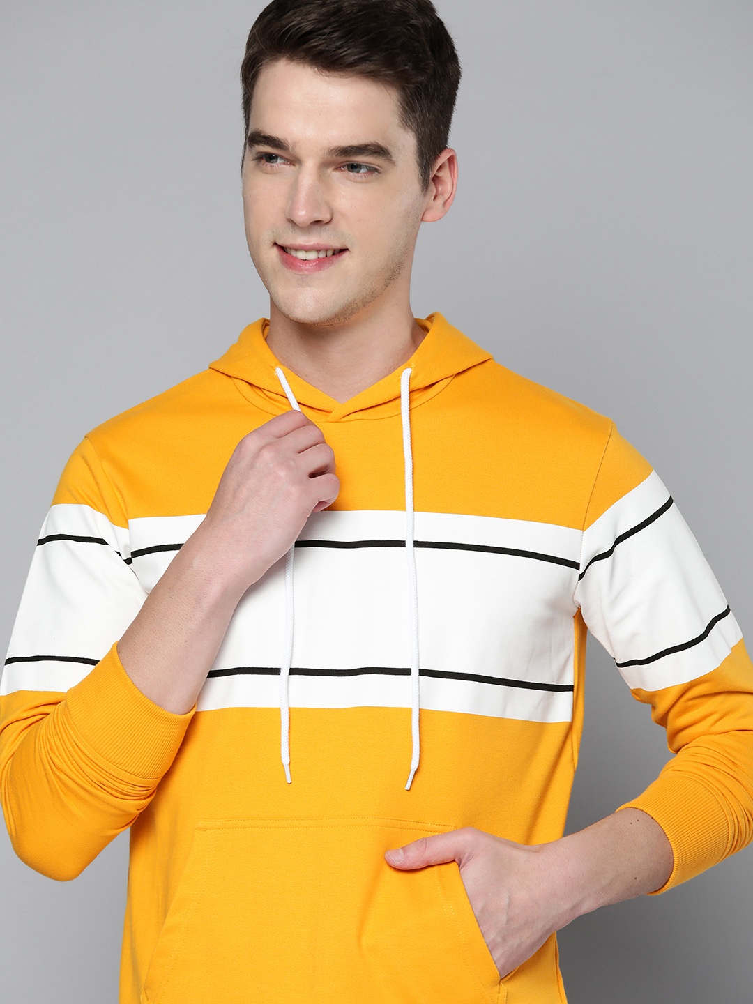 

Mast & Harbour Men Yellow & White Striped Hooded Sweatshirt