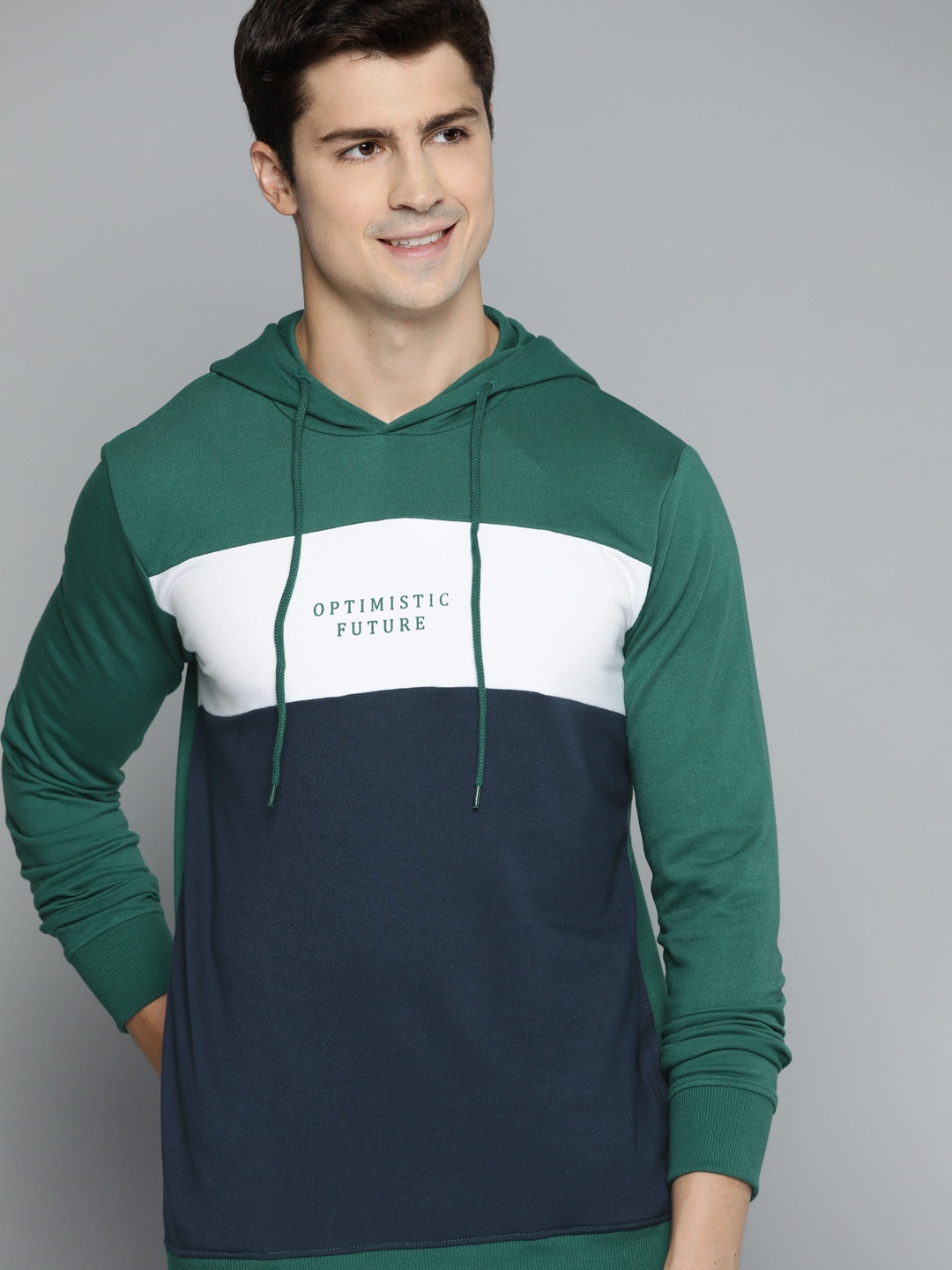 

Mast & Harbour Men Green & Navy Blue Colourblocked Hooded Sweatshirt
