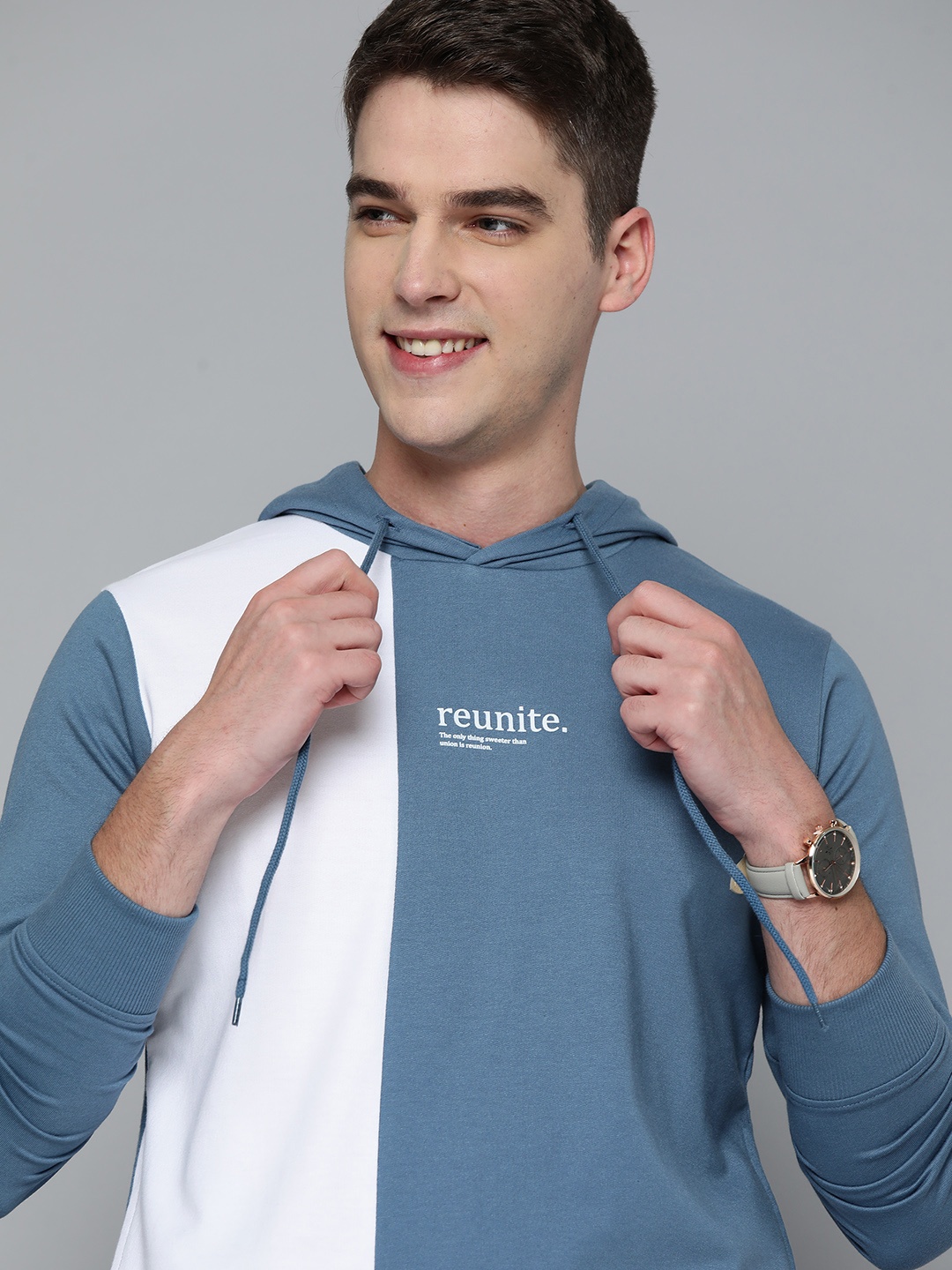 

Mast & Harbour Men Blue Colourblocked Hooded Sweatshirt