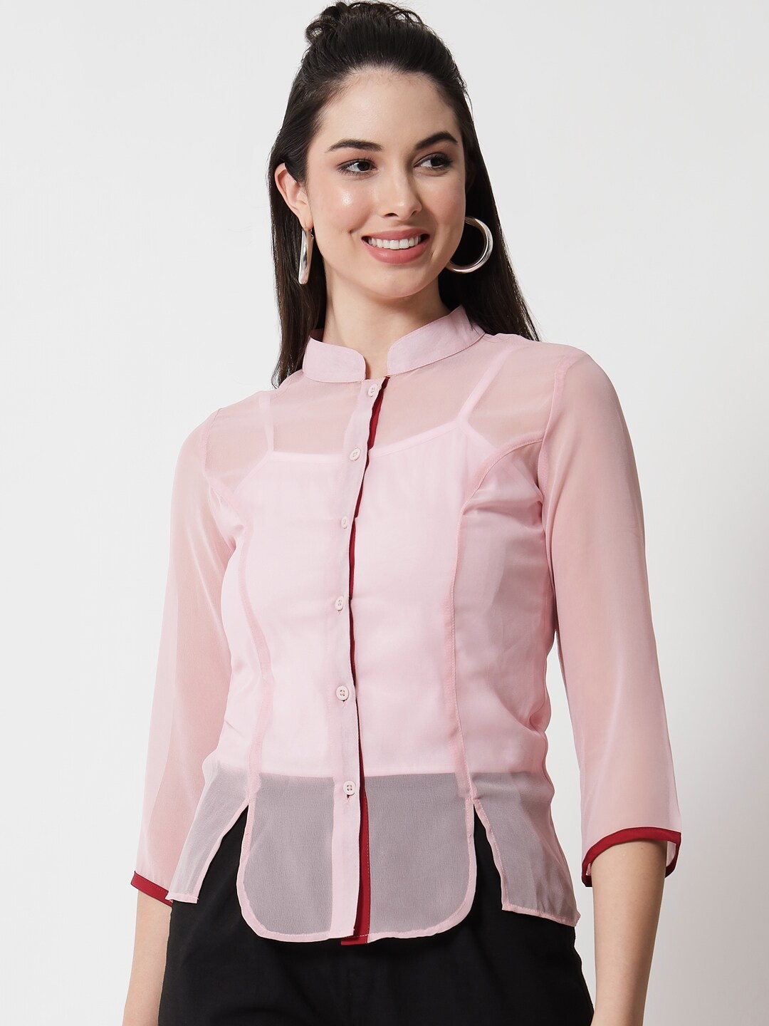 

CHARMGAL Women Pink Semi Sheer Casual Shirt