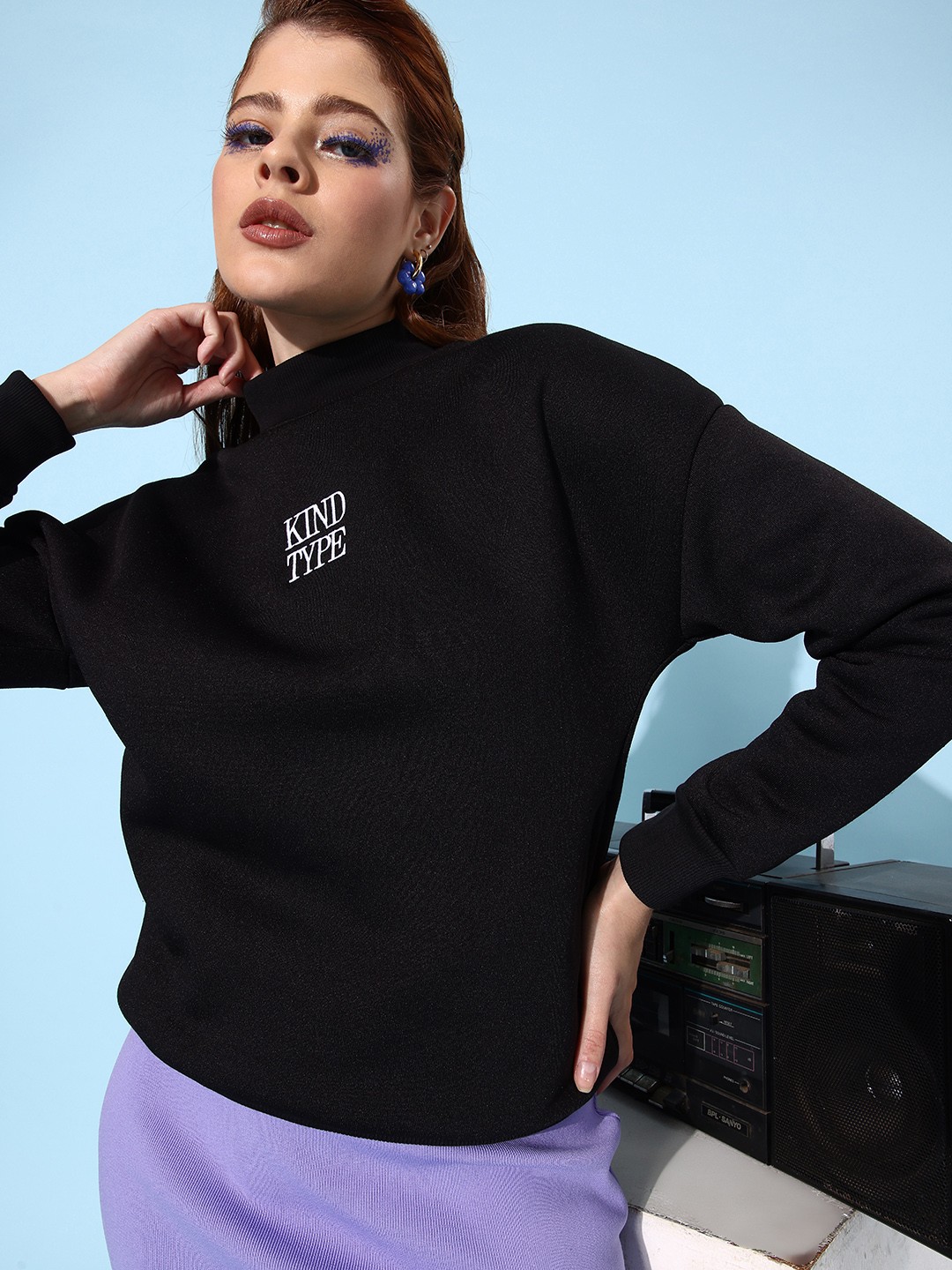 

Mast & Harbour Women Black Typography Mock Neck Solid Sweatshirt