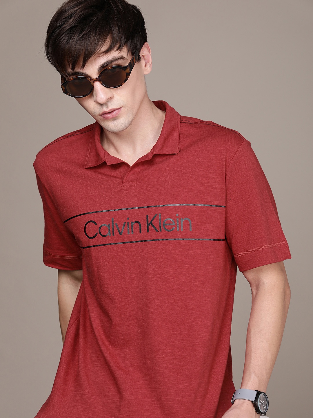 

Calvin Klein Jeans Men Red & Black Brand Logo Printed Pure Cotton T-shirt