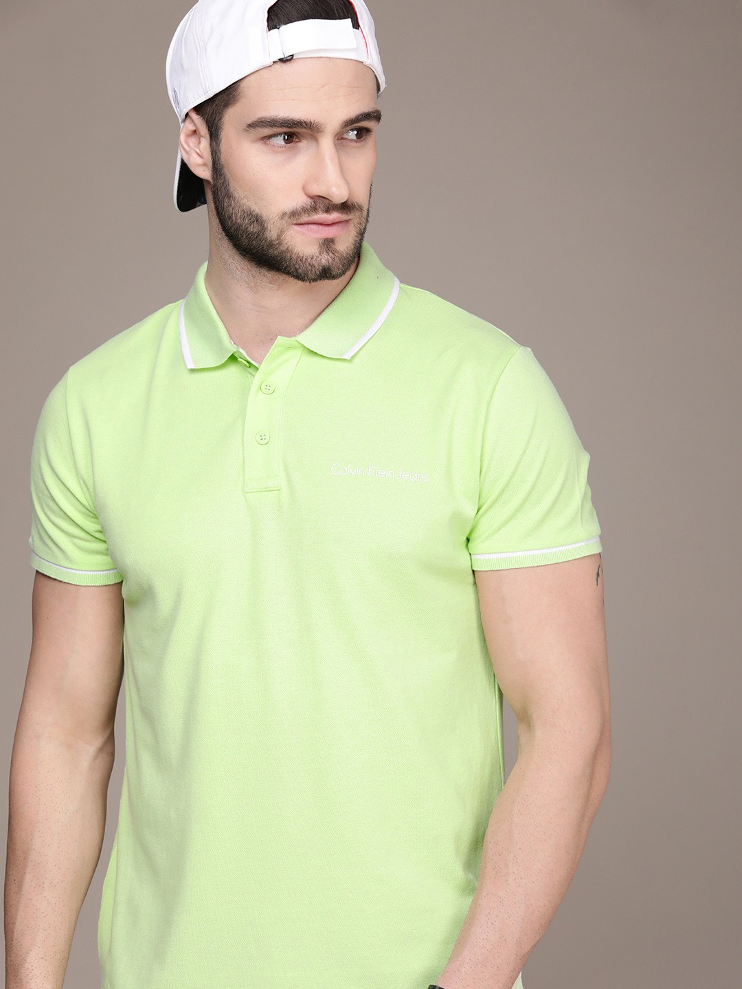 

Calvin Klein Jeans Men Lime Green Polo Collar Applique Slim Fit T-shirt