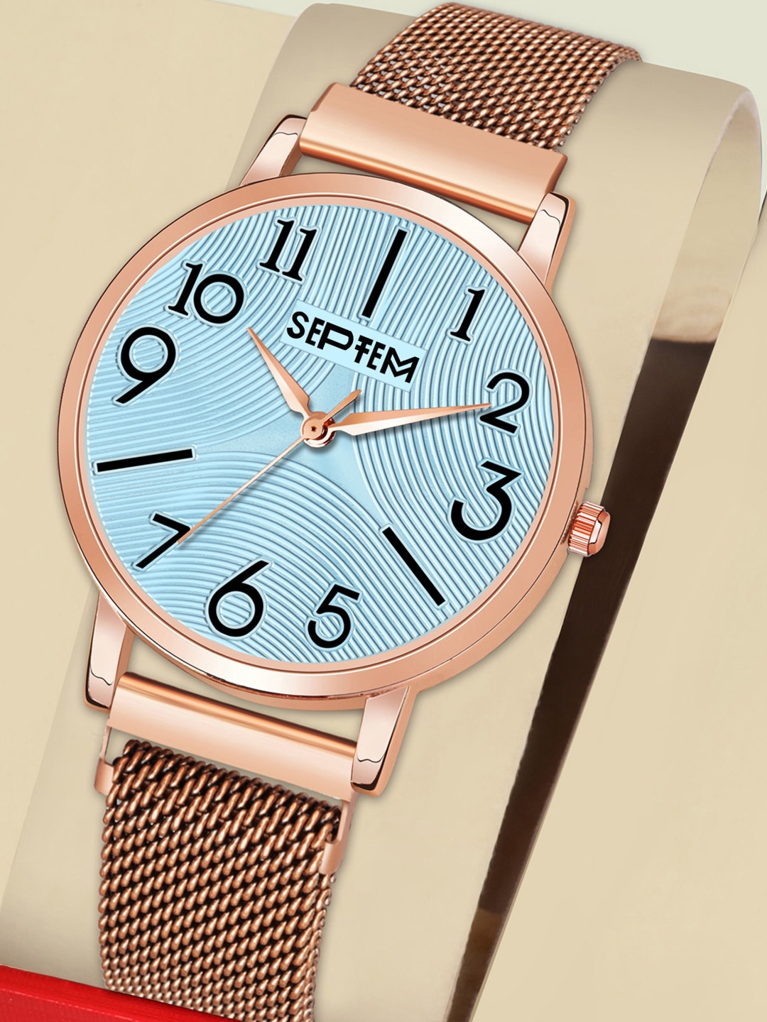 

Septem Women Blue Printed Dial & Rose Gold Toned Stainless Steel Bracelet Style Straps Analogue Watch