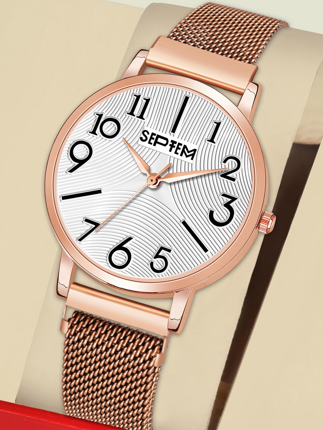 

Septem Women White Printed Dial & Rose Gold Toned Stainless Steel Bracelet Style Straps Analogue Watch
