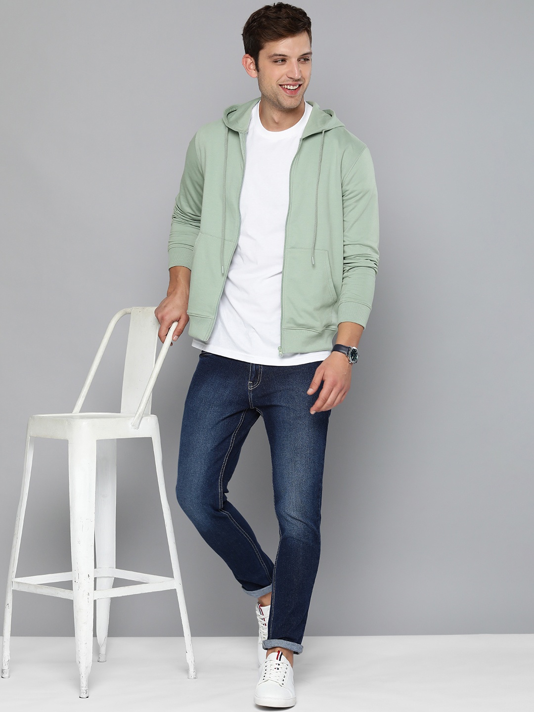 

Mast & Harbour Men Light Mint Green Solid Open-Front Hooded Sweatshirt