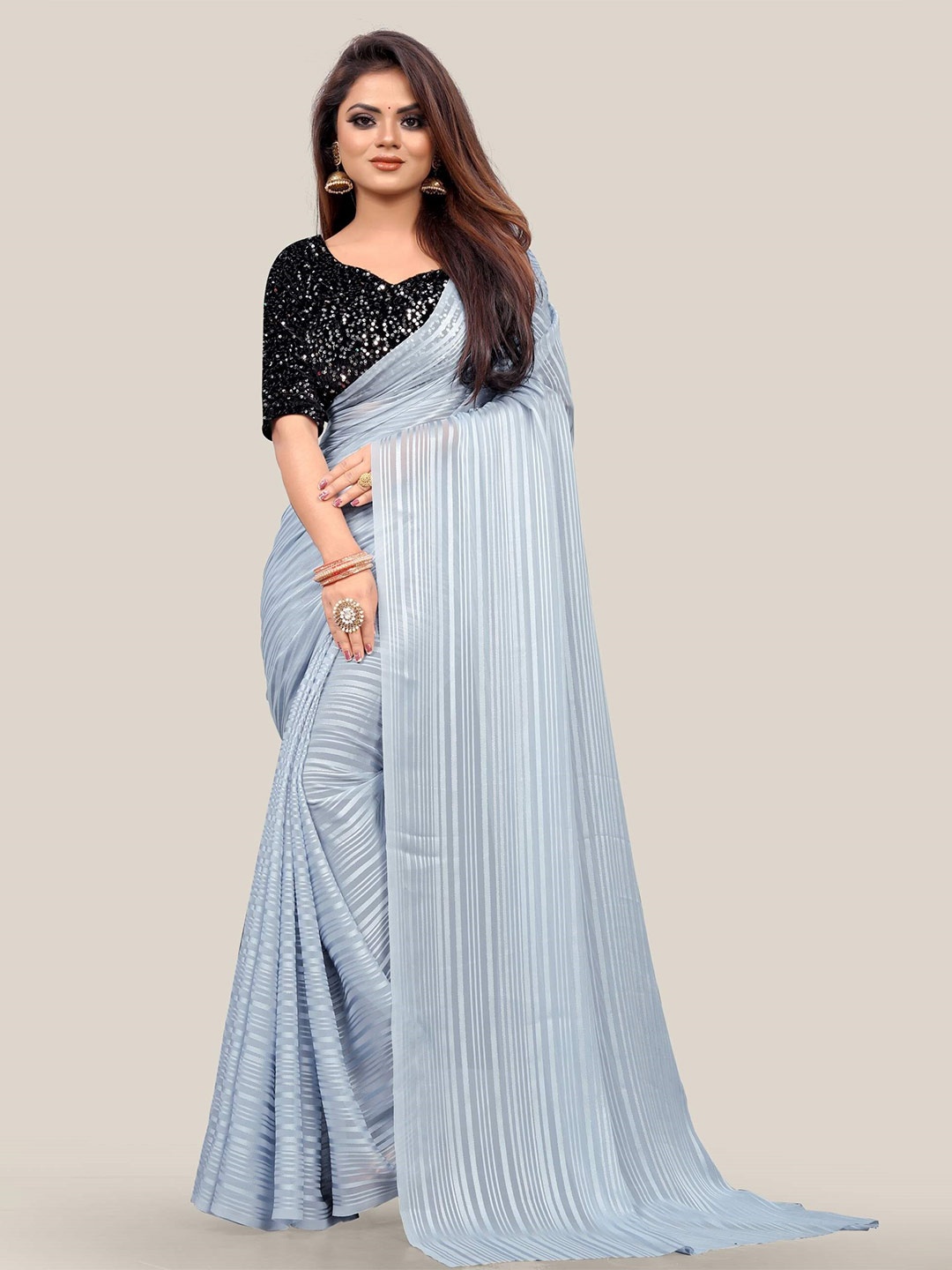 

Kuvarba Fashion Grey Striped Saree