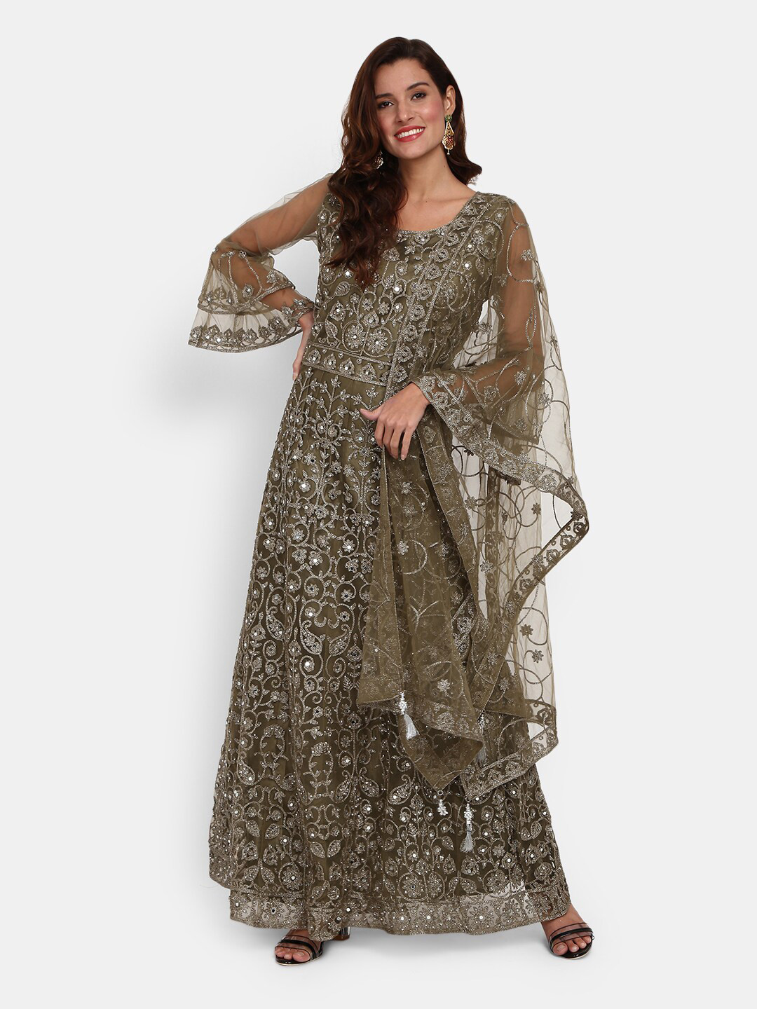 

V-Mart Women Green Ethnic Motifs Embroidered Empire Sequinned Kurta with Trousers & With Dupatta