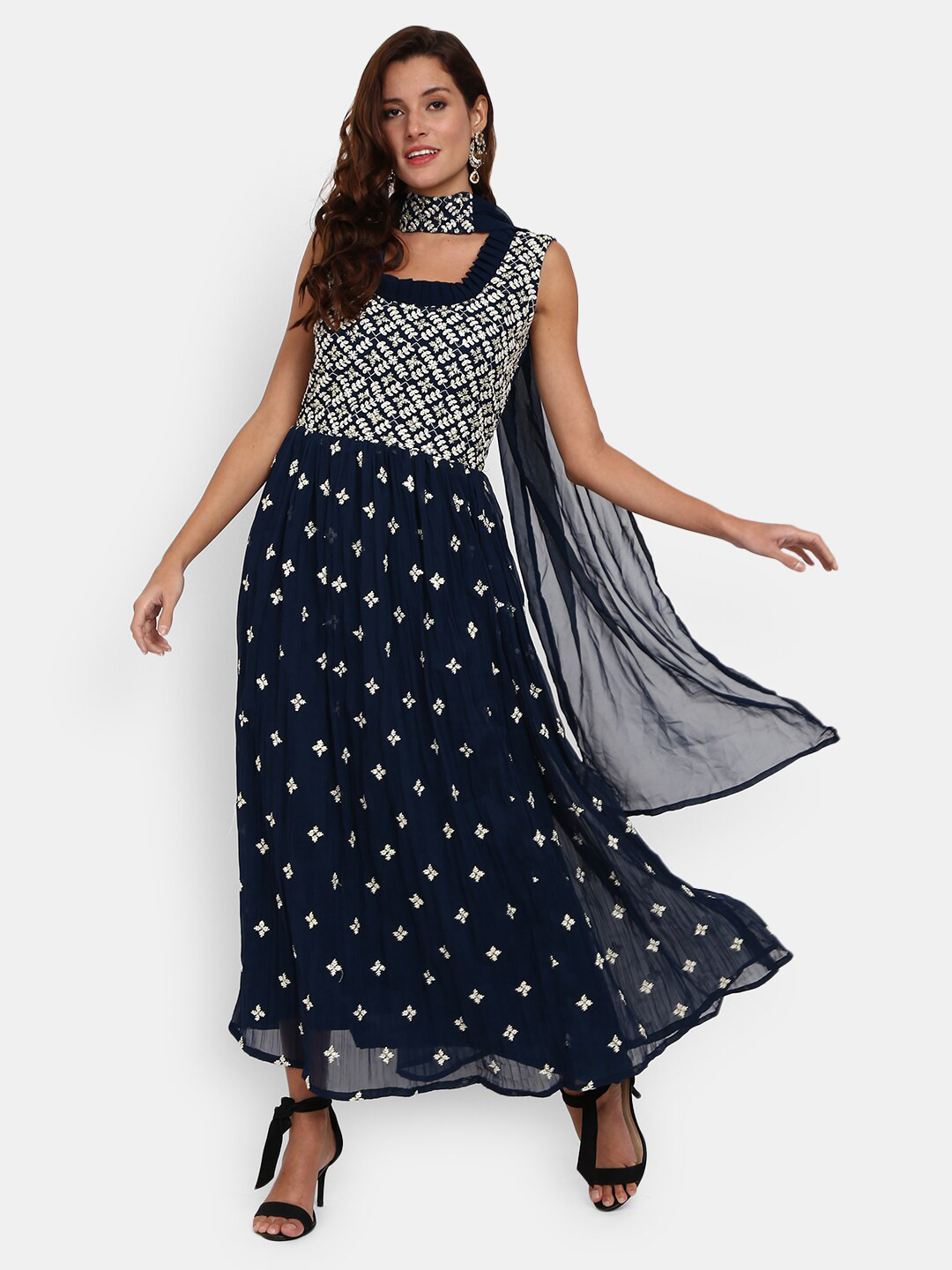 

V-Mart Women Teal Floral Embroidered Maxi Dress, Navy blue