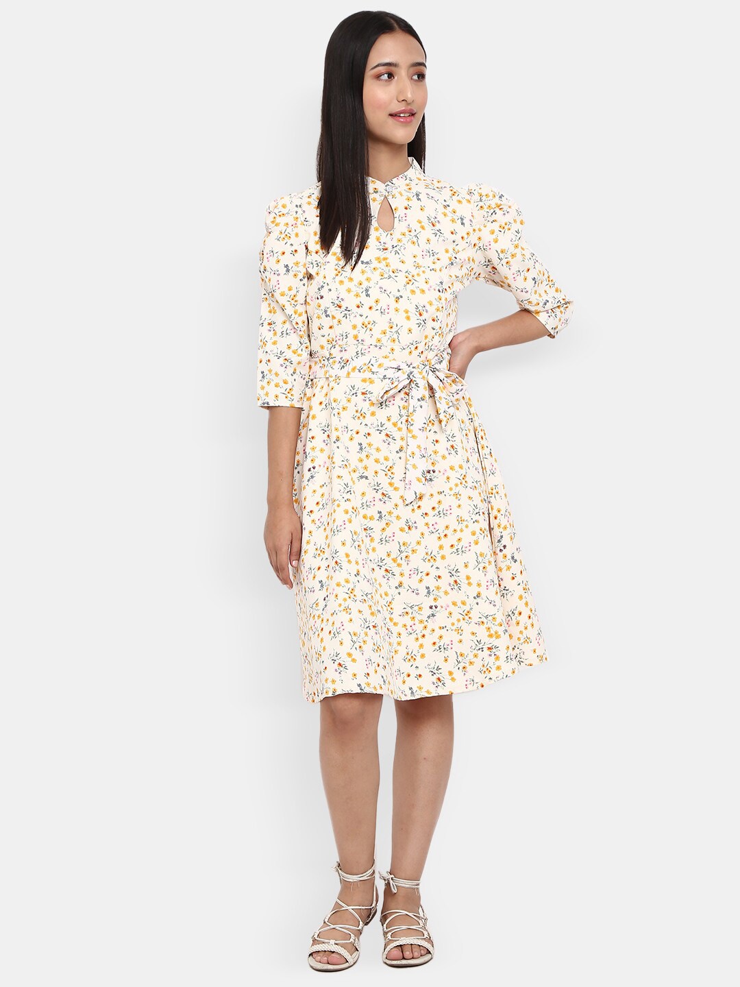 

V-Mart Women Off White Floral Keyhole Neck Chiffon A-Line Dress
