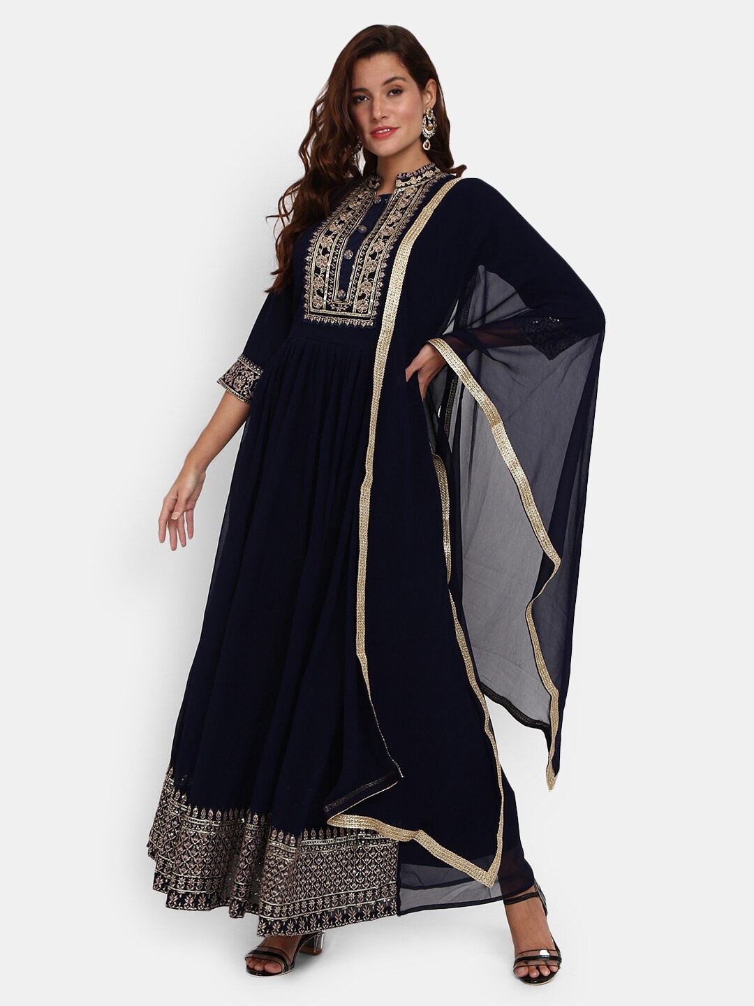 

V-Mart Embellished Maxi Dress with Dupatta, Blue