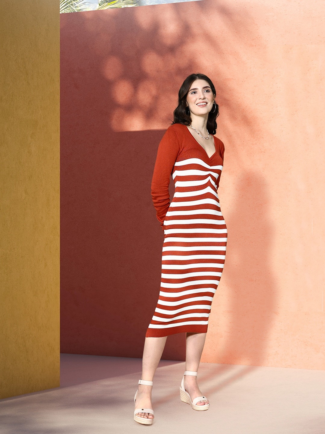 

Mast & Harbour Striped Sheath Midi Sweater Dress With Gathers Detail, Rust
