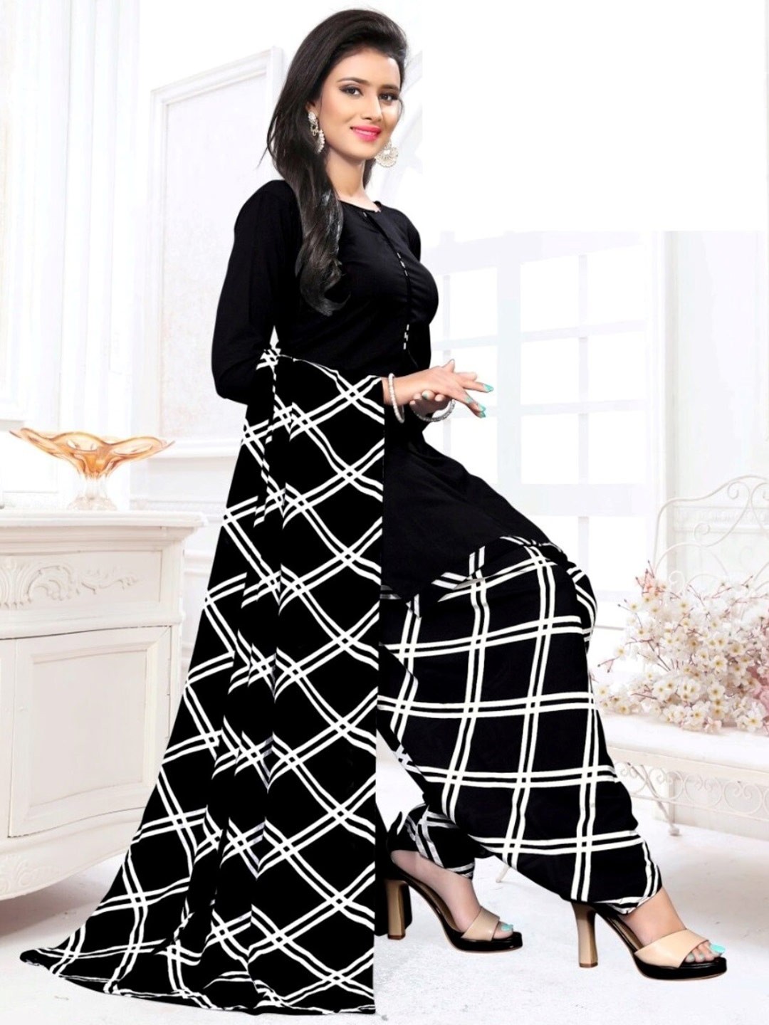 

INDIAN HERITAGE Black & White Printed Silk Crepe Unstitched Dress Material