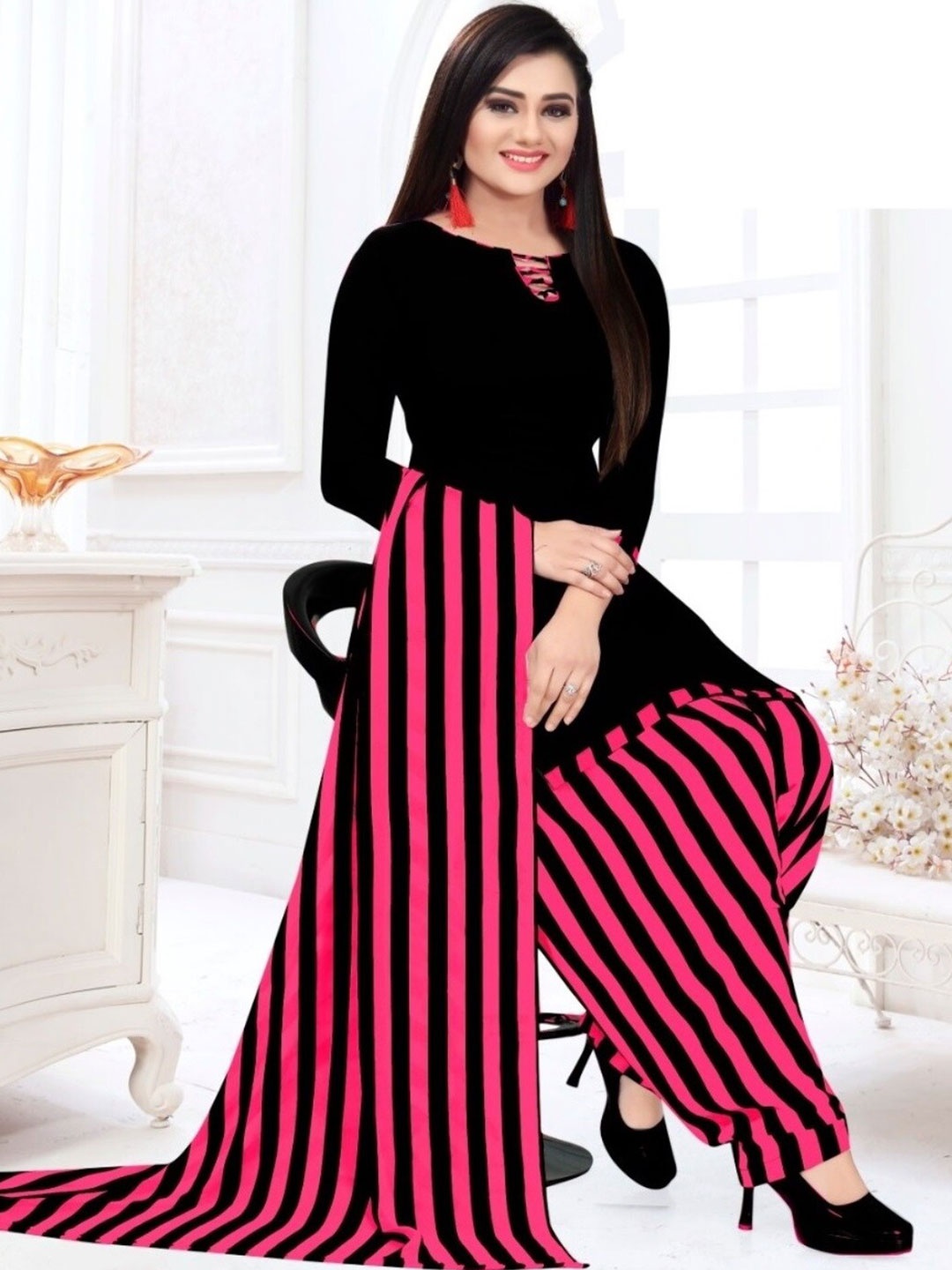 

INDIAN HERITAGE Black & Magenta Silk Crepe Unstitched Dress Material