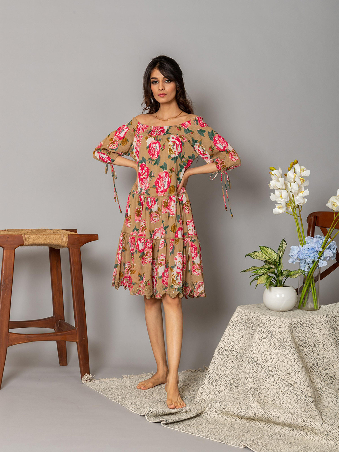

WESTIFIED Beige Floral Off-Shoulder A-Line Scalloped Dress