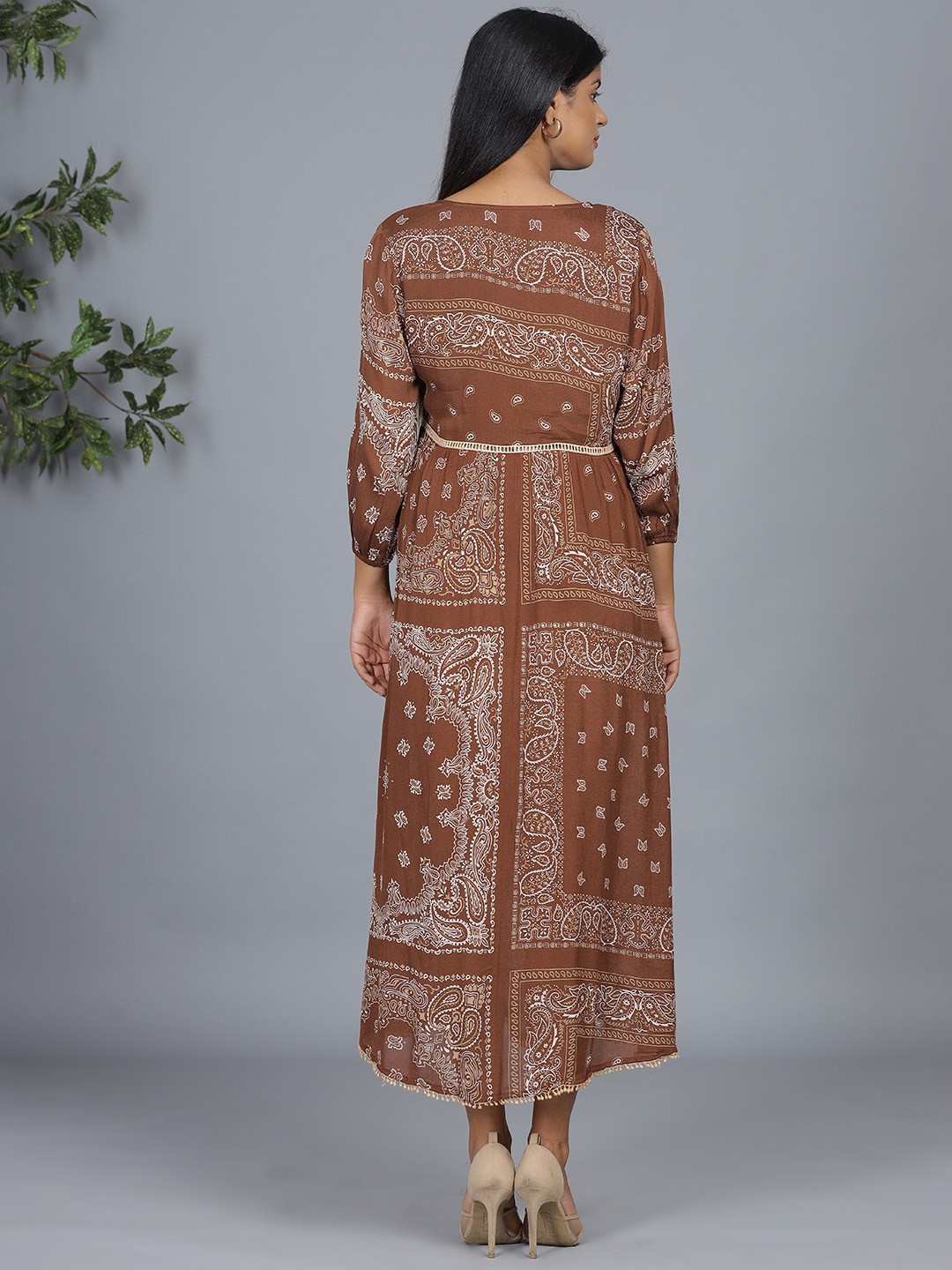 

WESTIFIED Brown Ethnic Motifs A-Line Midi Dress