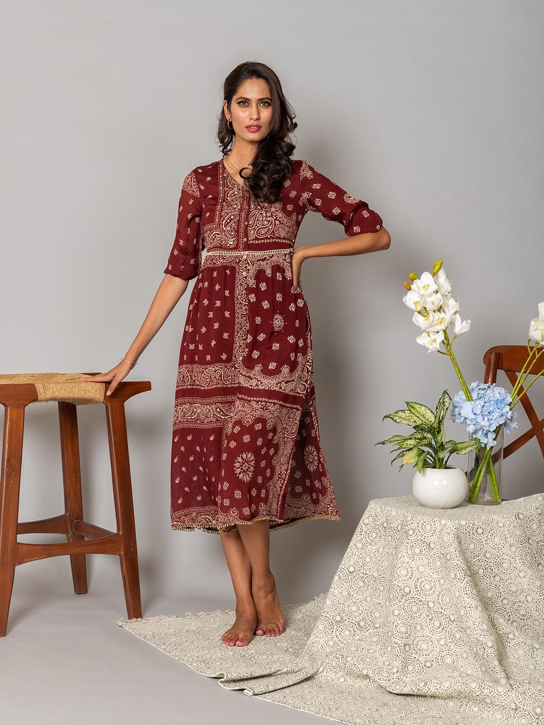 

WESTIFIED Women Burgundy Ethnic Motifs A-Line Midi Dress