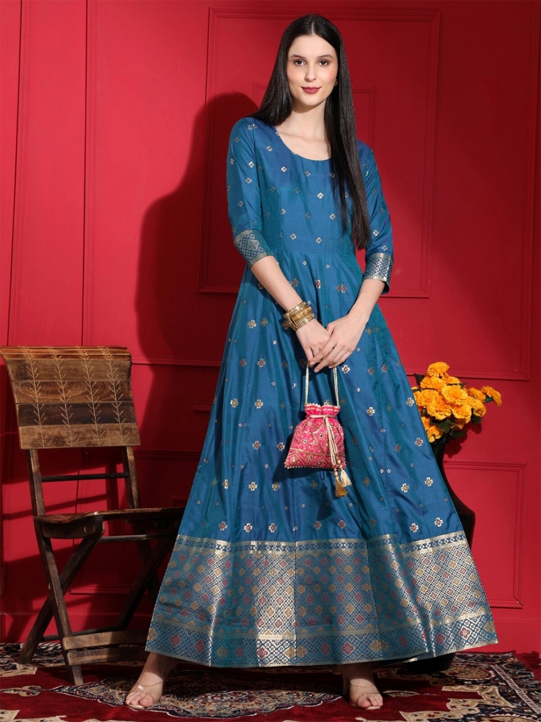 

VAANI CREATION women Turquoise Blue Ethnic Motifs Jacquard Ethnic Maxi Dress