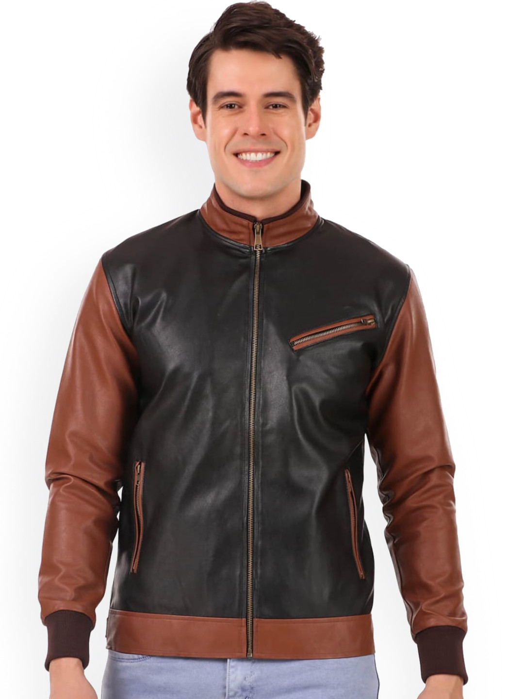 

Leather Retail Men Black Brown Colourblocked Crop Outdoor Biker Jacket