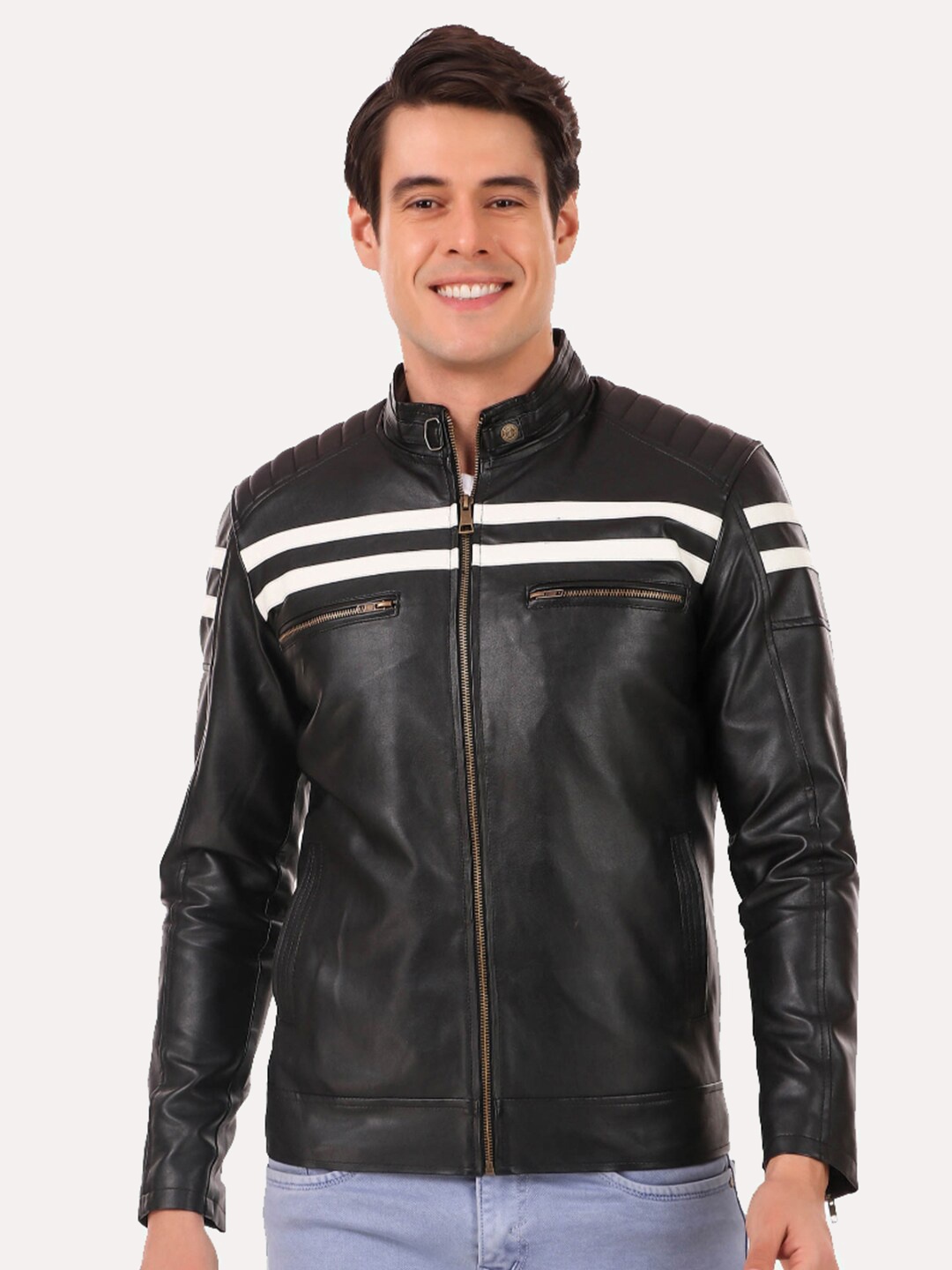 

Leather Retail Men Black & White Striped Outdoor Biker Jacket