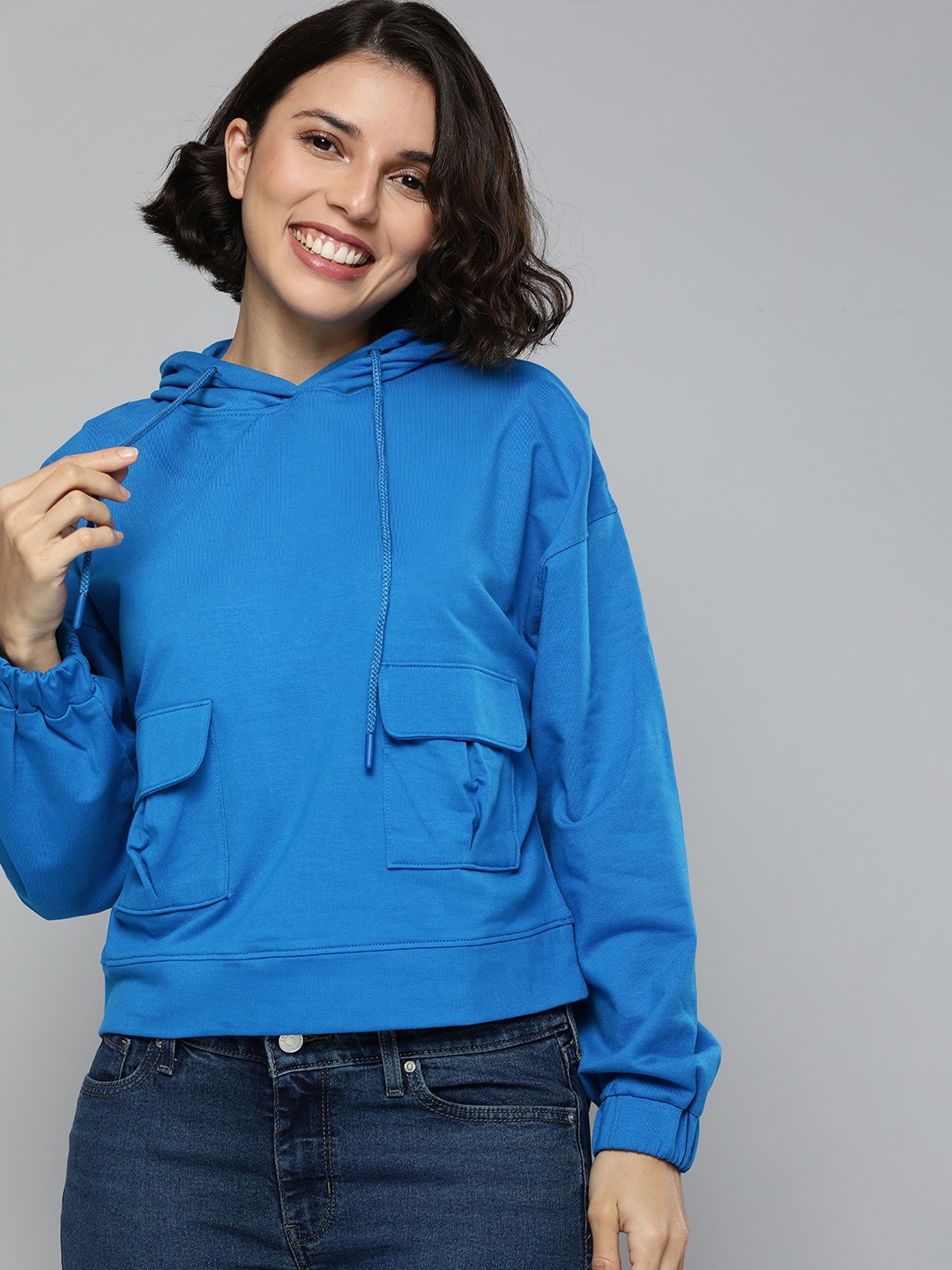 

Mast & Harbour Women Blue Solid Hooded Pullover Sweatshirt