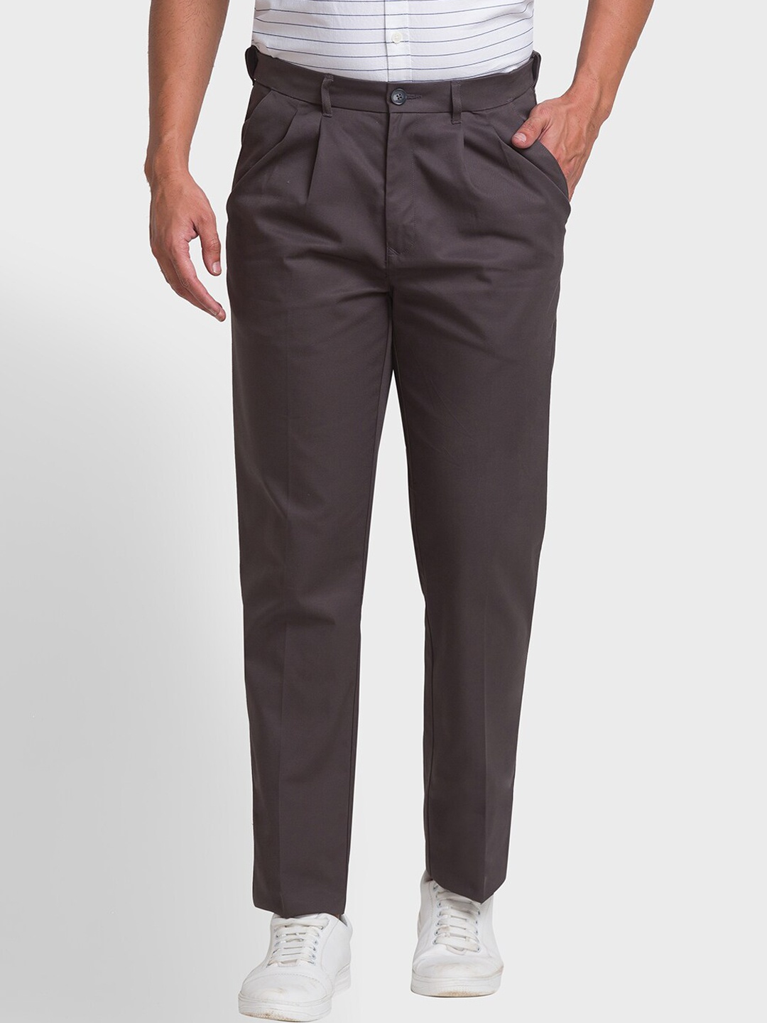 

ColorPlus Men Grey Solid Pleated Trousers