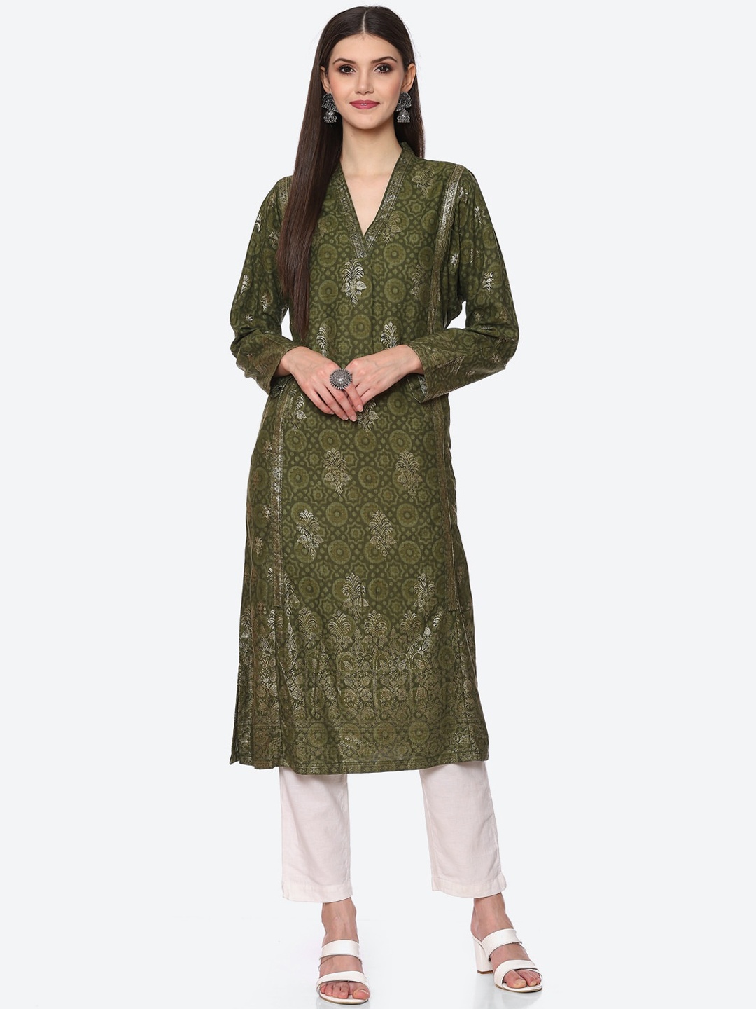 

Biba Women Olive Green Geometric Printed Kurta