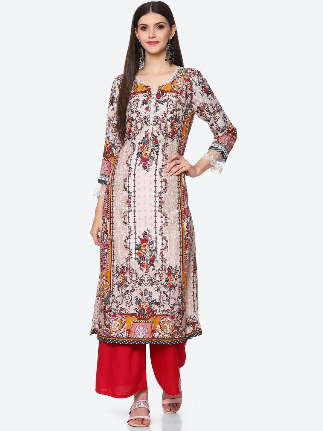 

Biba Women Beige Floral Printed Regular Kurta