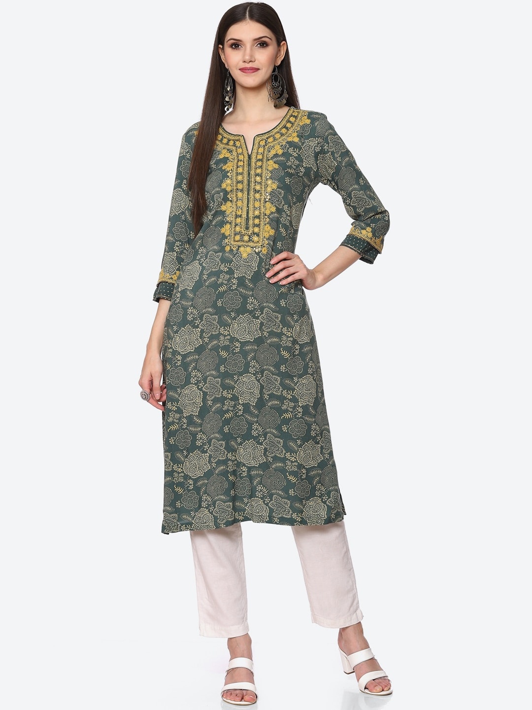 

Biba Women Green Floral Embroidered Kurta