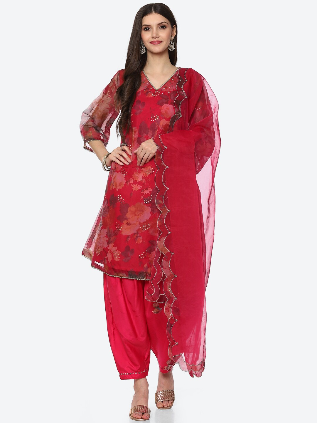 

Biba Women Magenta Floral Angrakha Kurti with Patiala & With Dupatta