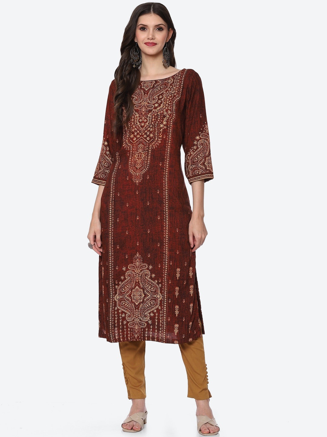 

Biba Women Brown Ethnic Motifs Embroidered Thread Work Kurta