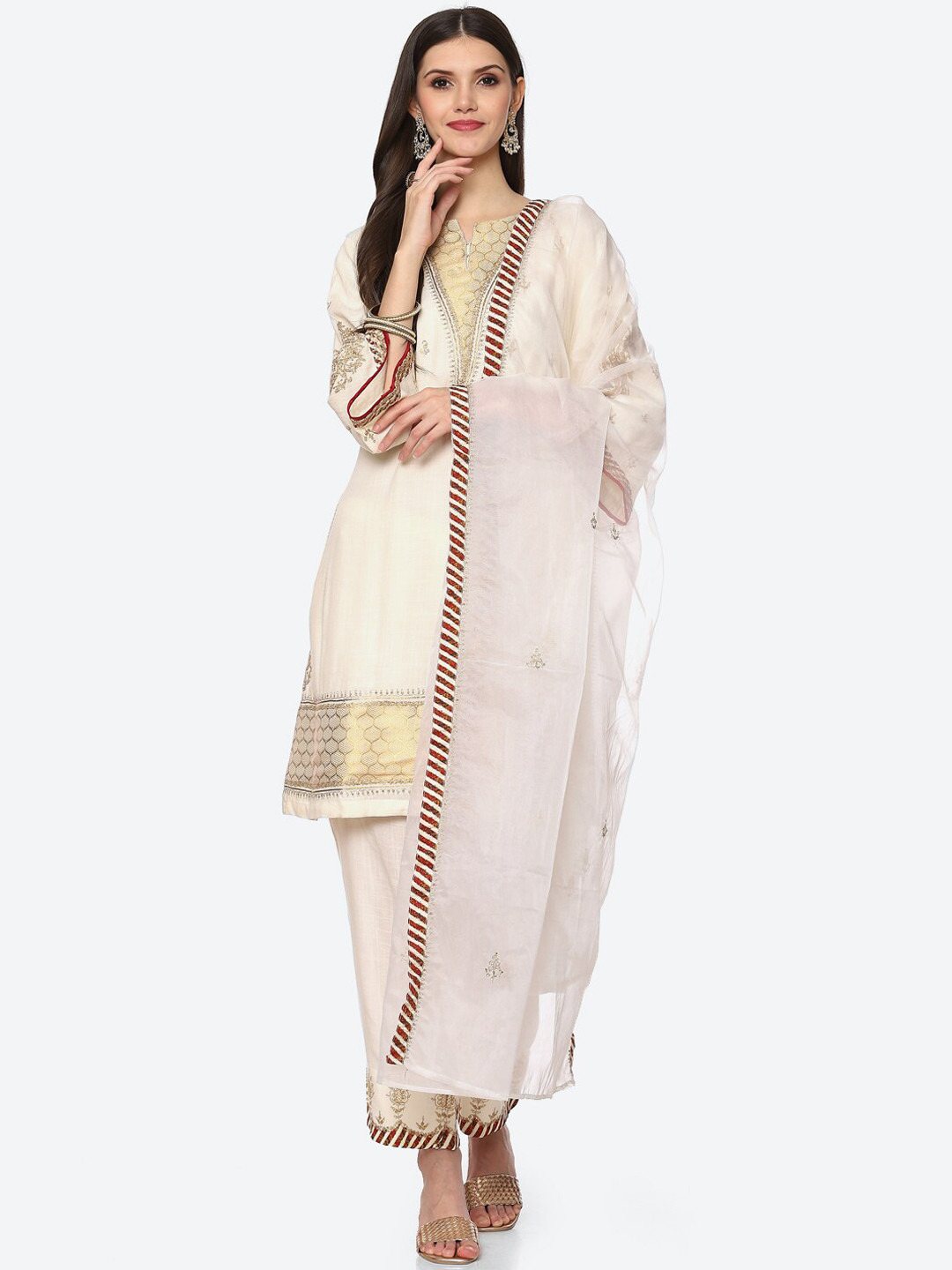 

Biba Women Off White Ethnic Motifs Embroidered Kurta with Trouser & Dupatta
