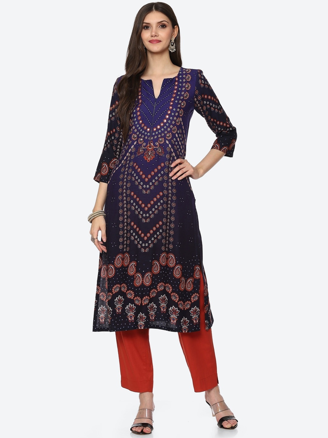 Biba Women Navy Blue Ethnic Motifs Printed Mirror Work Kurta
