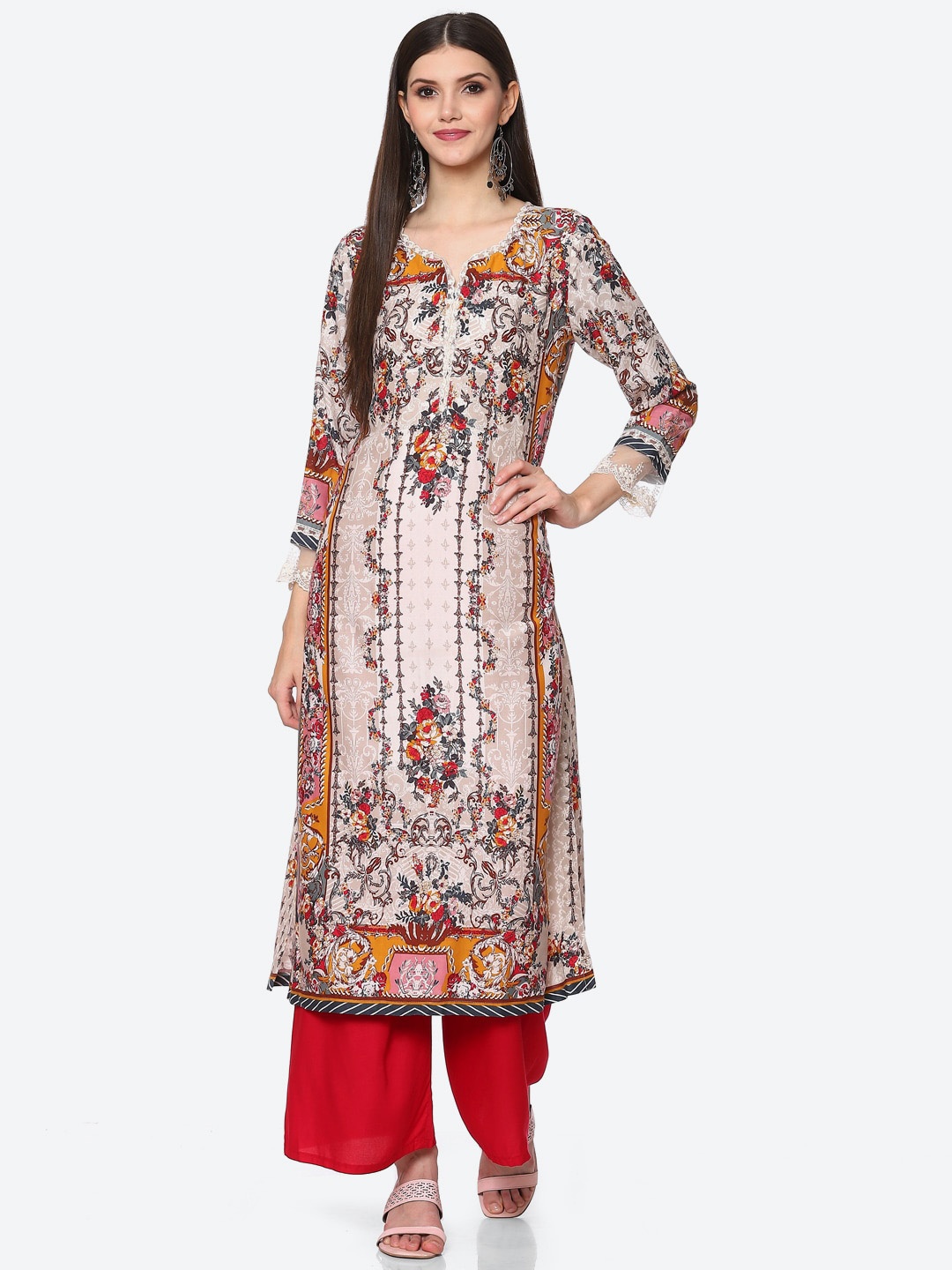 

Biba Women Beige & Red Floral Printed Kurta