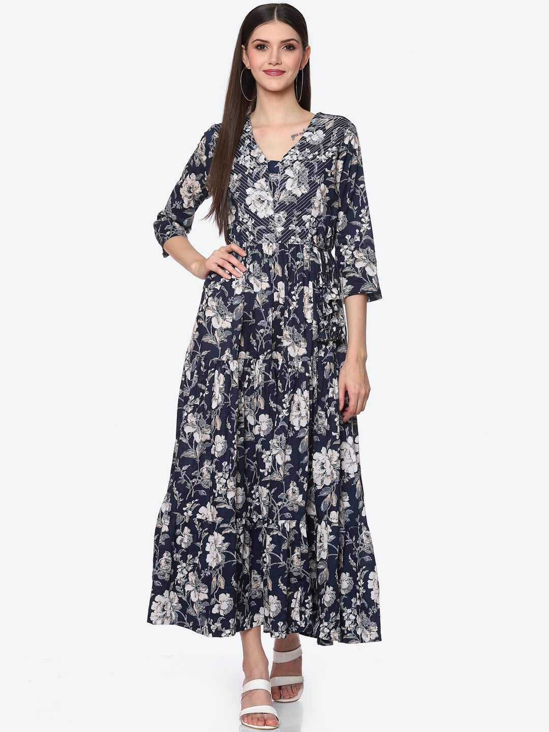 

Biba Women Navy Blue Floral Printed Tiered Maxi Dress