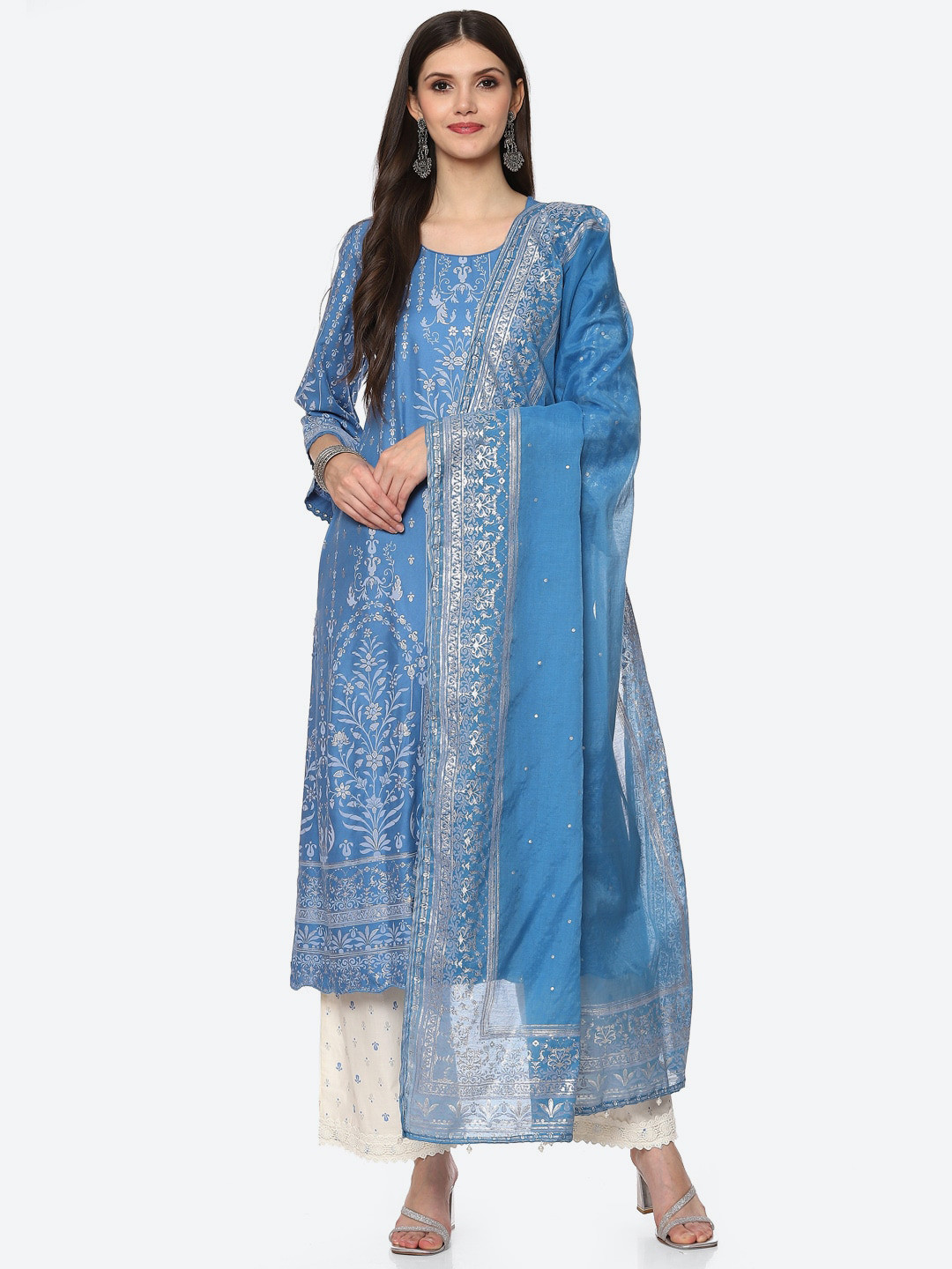 

Biba Women Blue Ethnic Motifs Printed Kurta with Palazzos & With Dupatta