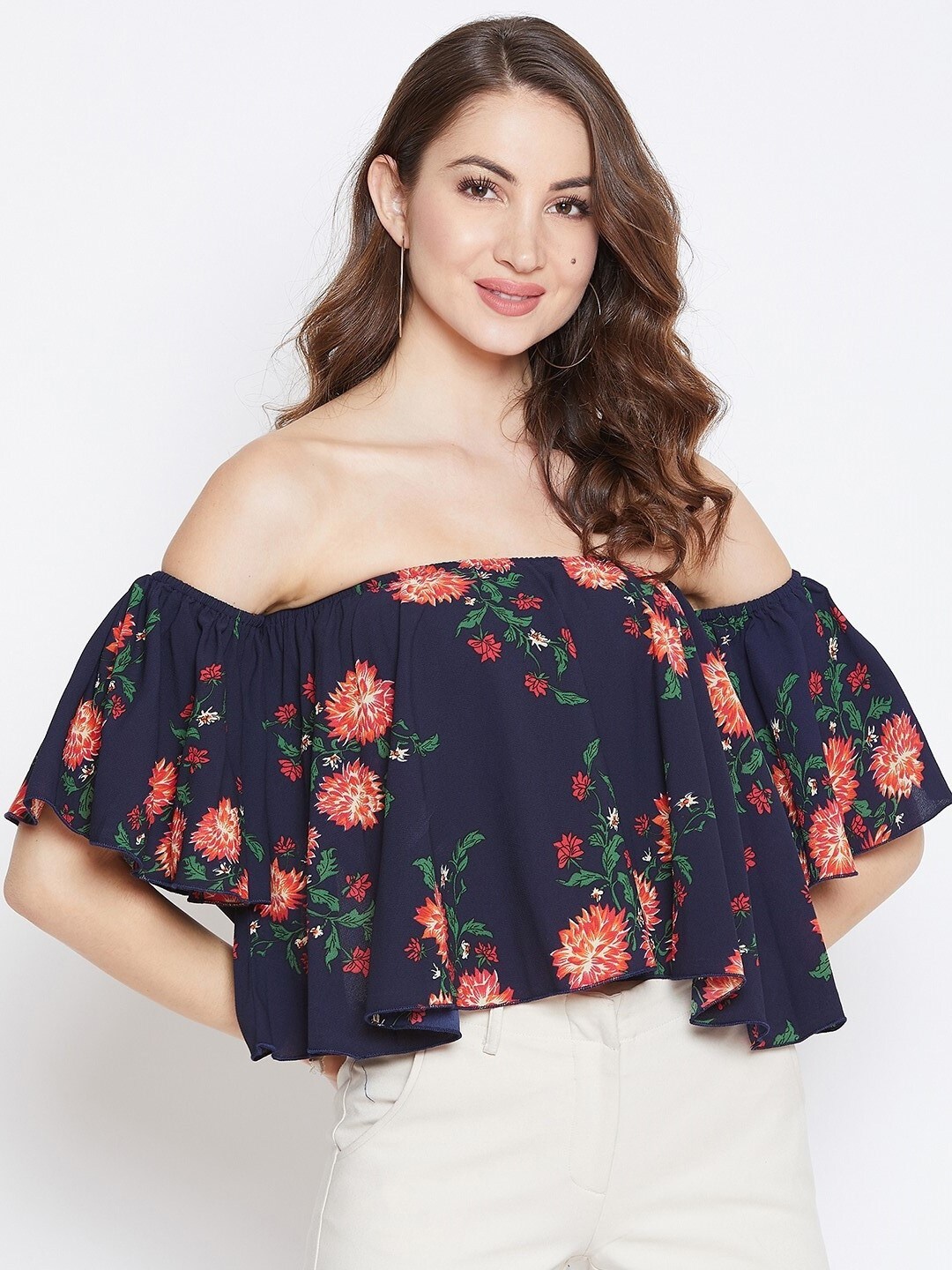 

Berrylush Navy Blue Floral Print Off-Shoulder Crepe Bardot Top