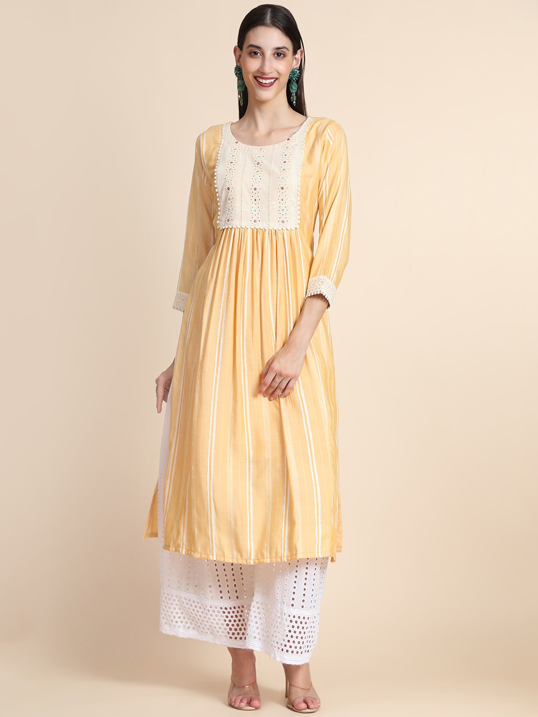 

Color Trends Women Yellow Ethnic Motifs Embroidered Thread Work Anarkali Kurta