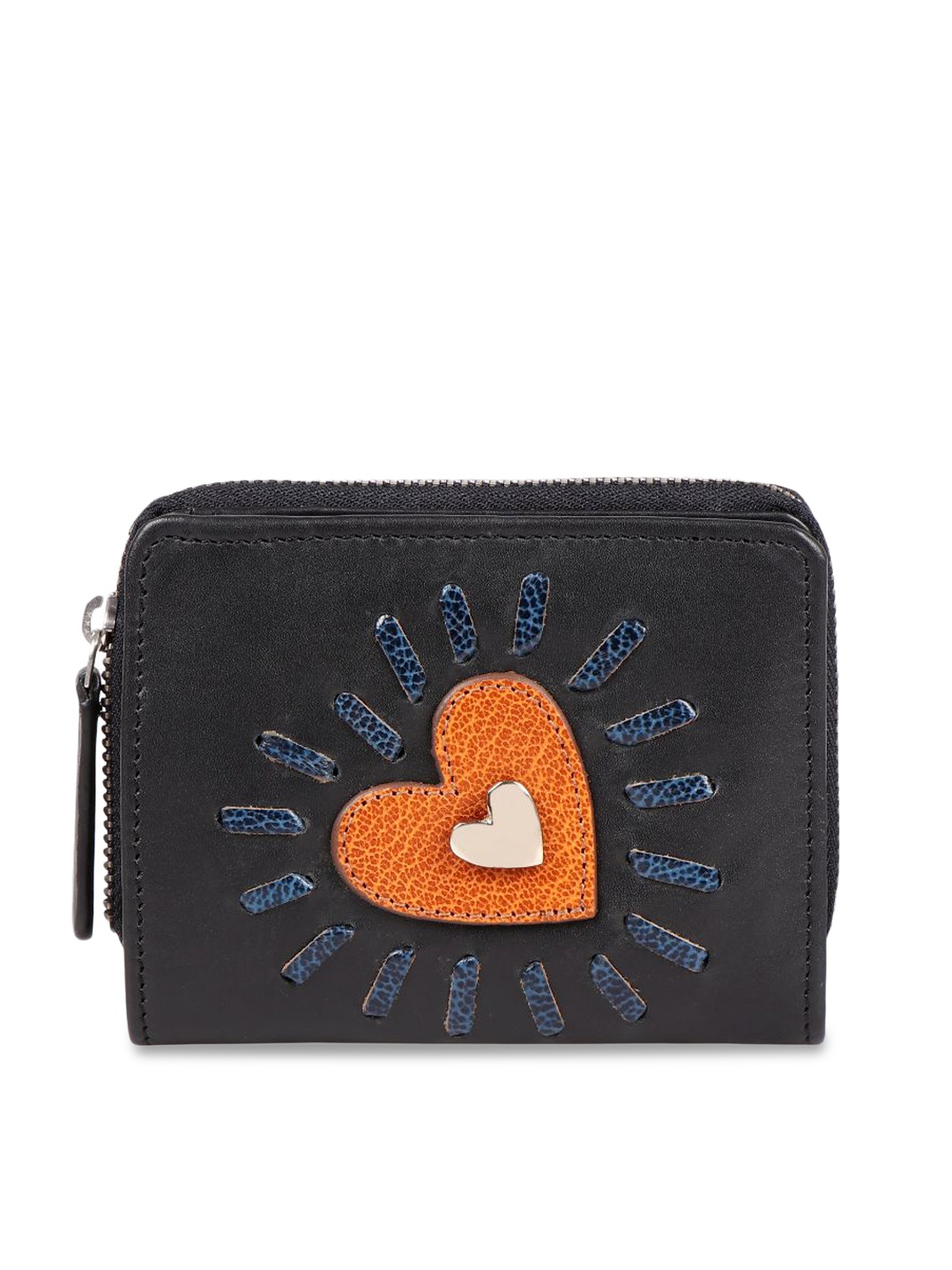 

Hidesign Women Black & Orange Textured Applique Leather Zip Around Wallet