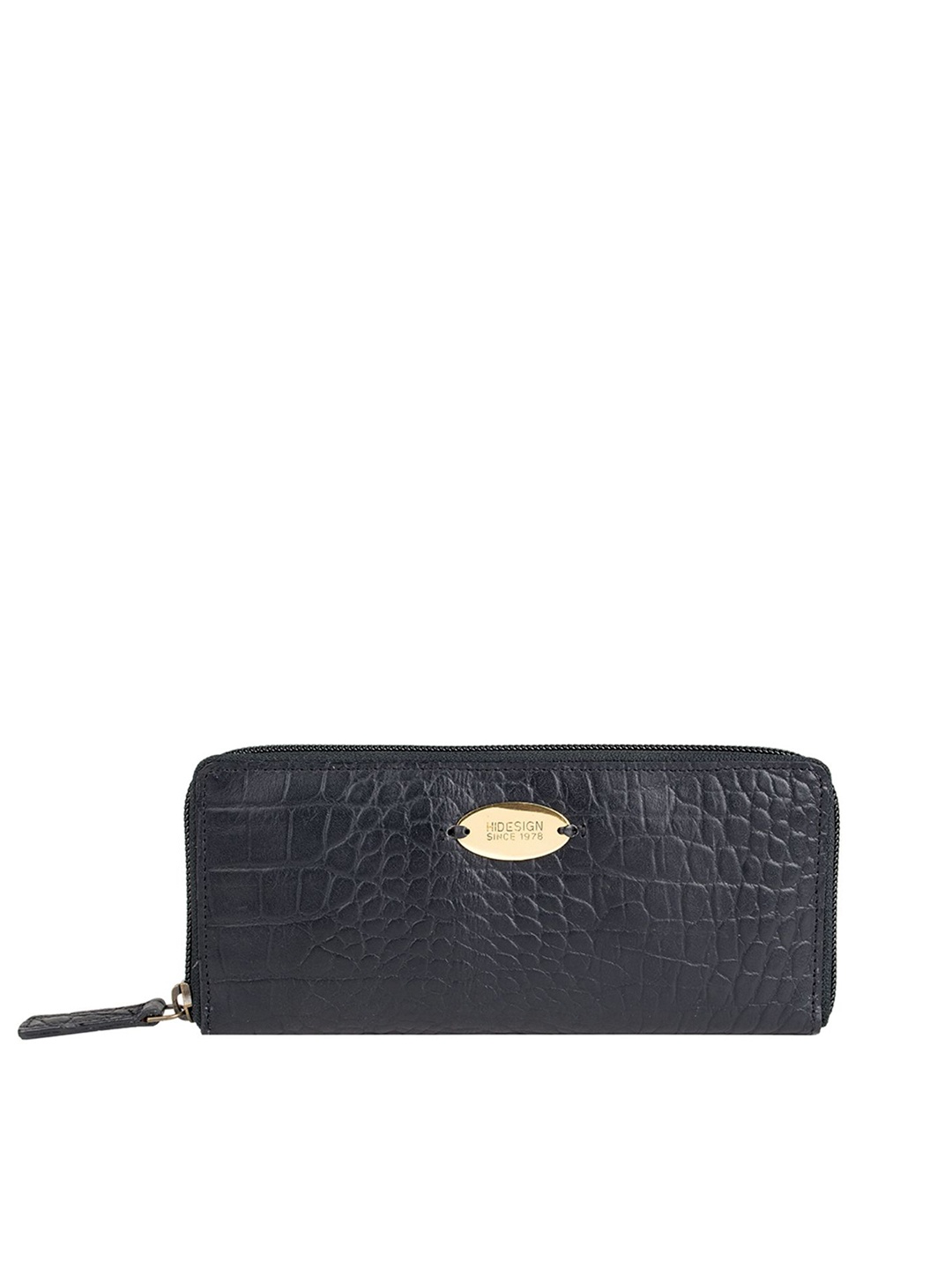 

Hidesign Women Black Geometric Textured Leather Zip Around Wallet