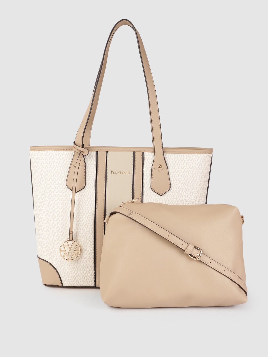 

Van Heusen Beige & White Brand Logo Printed Oversized Structured Shoulder Bag With Pouch