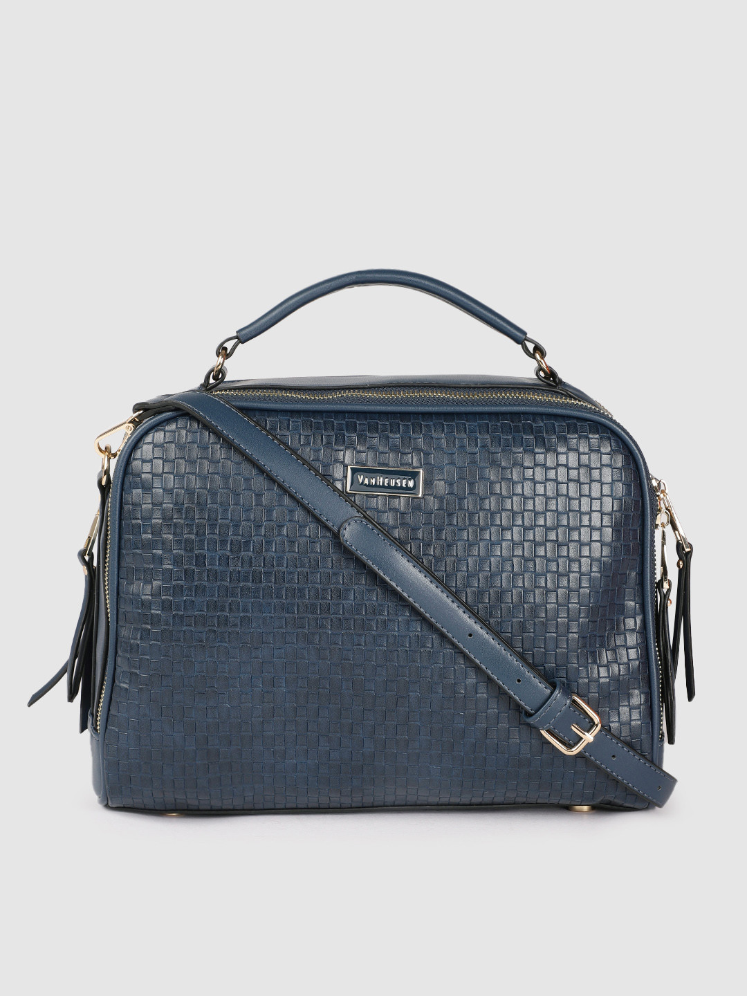 

Van Heusen Navy Blue Woven Design Structured Handheld Bag