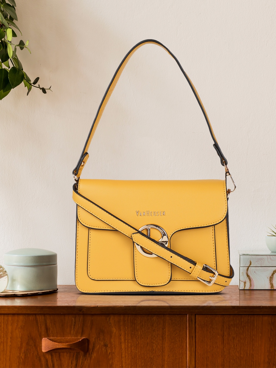 

Van Heusen Mustard Yellow Solid Structured Shoulder Bag
