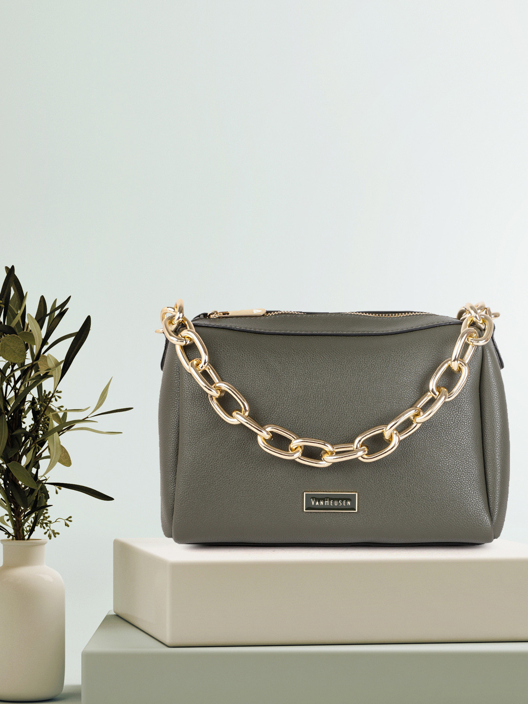 

Van Heusen Olive Green Solid Structured Shoulder Bag