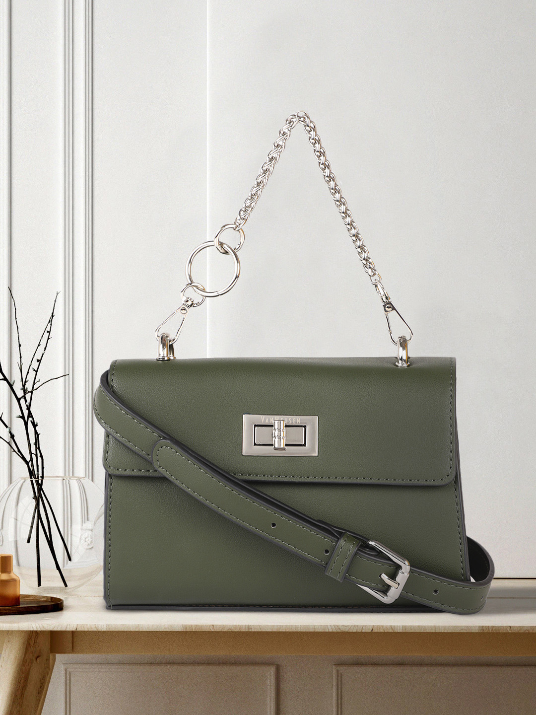 

Van Heusen Olive Green Solid Structured Handheld Bag