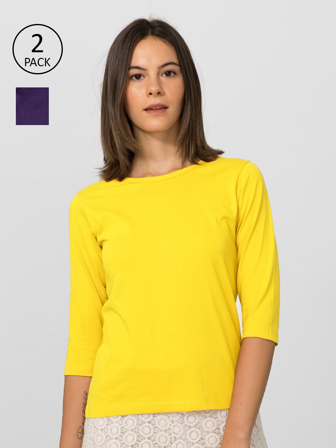 

Bewakoof Women Pack Of 2 Navy Blue & Yellow Slim Fit T-shirt