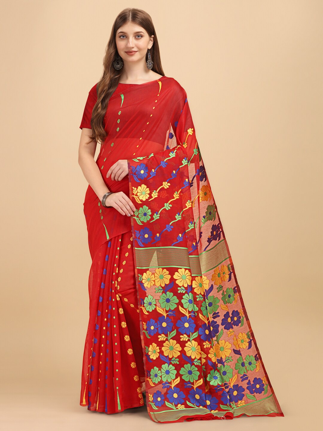 

BESUCHER Red & Navy Blue Woven Design Zari Jamdani Saree