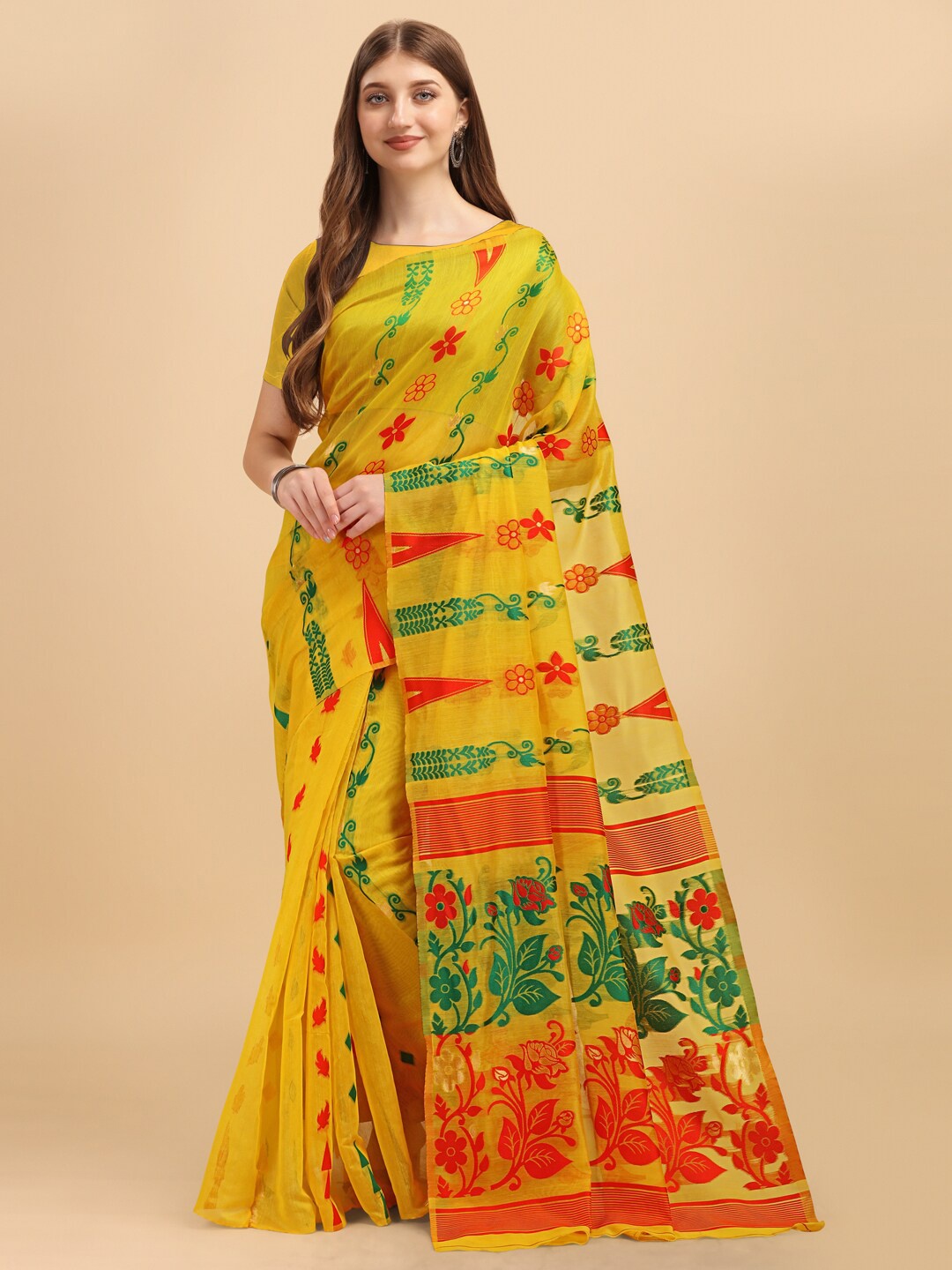 

BESUCHER Yellow & Green Woven Design Jamdani Saree