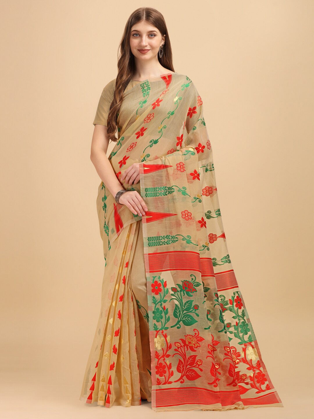 

BESUCHER Cream-Coloured & Red Woven Design Jamdani Saree