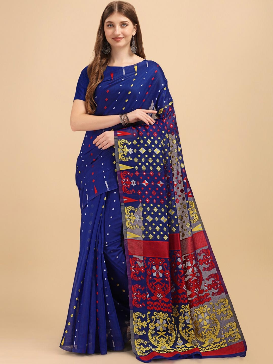 

BESUCHER Blue & Red Woven Design Zari Jamdani Saree